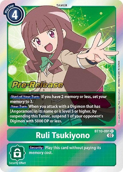 The Digimon trading card, Ruli Tsukiyono [BT10-091], from the Xros Encounter Pre-Release set, features the 