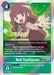 The Digimon trading card, Ruli Tsukiyono [BT10-091], from the Xros Encounter Pre-Release set, features the "Tamer" Ruli Tsukiyono against a vibrant green background with geometric patterns. Ruli, distinguished by her long brown hair and pink bow, is depicted wearing a gray jacket. The card includes text detailing gameplay effects and conditions.