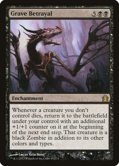 The image shows a "Grave Betrayal [Return to Ravnica]" Magic: The Gathering card, a rare black Enchantment from the Return to Ravnica set. It costs 5 colorless mana and 2 black mana. The art features a dark, skeletal creature with sharp claws and teeth. The text describes an effect where creatures return as black Zombies when they die.