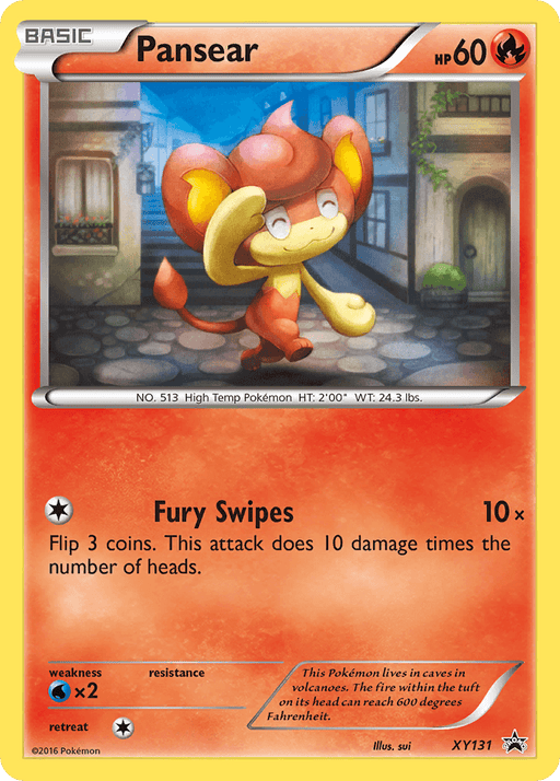 A Pansear (XY131) [XY: Black Star Promos] Pokémon card shows a cartoonish red and yellow monkey with large ears. This Fire-type card, offering 60 HP, uses the move "Fury Swipes" to deal up to 30 damage. The Promo card reveals that Pansear lives in caves near volcanoes, and its tuft heats up to 600 degrees Fahrenheit.