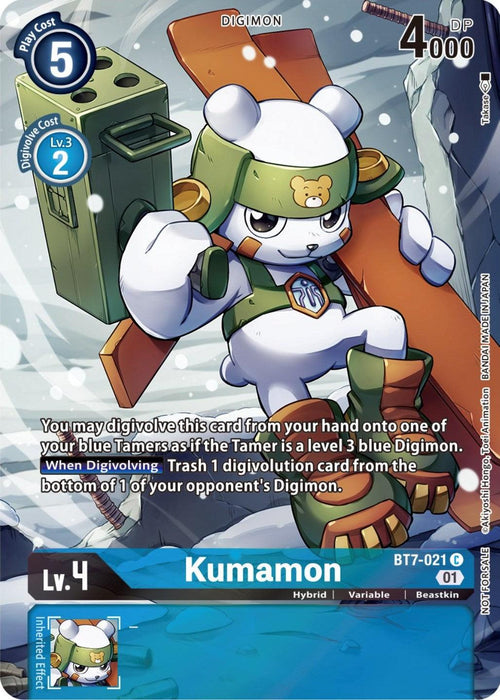 A Digimon card featuring Kumamon, a bear-like creature in green armor with a helmet bearing bear ears. The Next Adventure Promos card displays key stats: Play Cost 5, Digivolution Cost 2 (from blue), 4000 DP. It elaborates on its abilities and shows the card's Level as Level 4.

Product Name: Kumamon [BT7-021] (2nd Anniversary Frontier Card) [Next Adventure Promos]
Brand Name: Digimon