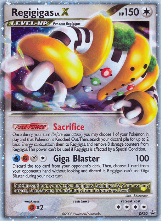A Pokémon trading card featuring Regigigas LV.X (DP30) [Diamond & Pearl: Black Star Promos] with 150 HP from the Diamond & Pearl series. It has a Poké-POWER called "Sacrifice" and an attack move "Giga Blaster" which deals 100 damage. As a Colorless type, it displays its Weakness (x2) and Retreat Cost (⁴). The background boasts a metallic, glittery design.