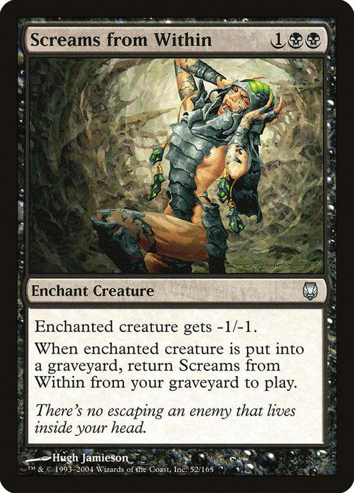 Artwork of a "Magic: The Gathering" card titled "Screams from Within [Darksteel]," with black borders and text in a white box. The illustration depicts a distressed figure pulling at their face, surrounded by jagged, rock-like formations. This Magic: The Gathering Darksteel enchantment weakens creatures.
