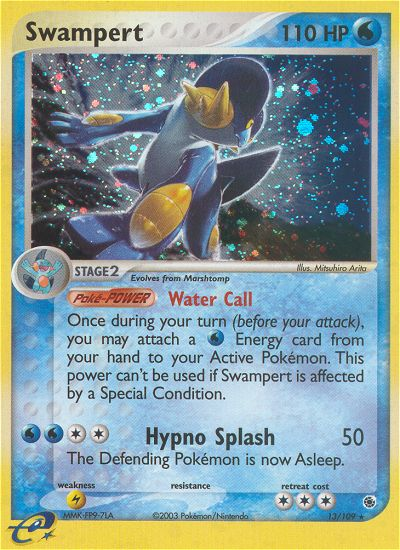 The image features a captivating Pokémon card for Swampert, highlighting its 110 HP as a Water type. From the EX: Ruby & Sapphire set, this Holo Rare card depicts Swampert in an energetic pose with aquatic-themed artwork. It includes abilities such as 