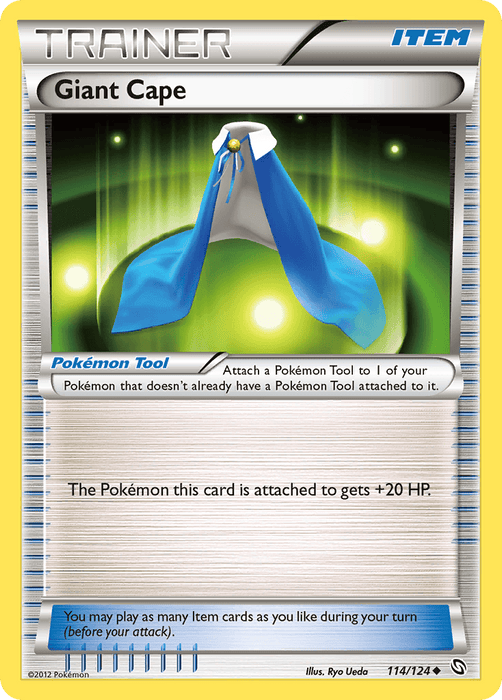 The image shows a Pokémon Trainer card named "Giant Cape (114/124) [Black & White: Dragons Exalted]" from the "ITEM" category in the Pokémon series. The card background is silver and blue, with an illustration of a large blue cape with white trim, tied with a green gem clasp. This Uncommon card increases a Pokémon's HP by 20. Card number is 114/124.