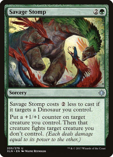 The Magic: The Gathering card "Savage Stomp [Ixalan]" showcases a striking green-bordered sorcery, illustrating a massive dinosaur trampling a smaller, feathered creature. The card’s text details its effects such as reducing casting cost, adding a +1/+1 counter, and initiating a fight between creatures.