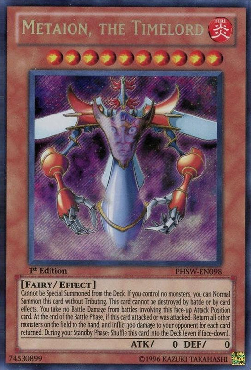 A Yu-Gi-Oh! trading card named "Metaion, the Timelord [PHSW-EN098] Secret Rare" from the Photon Shockwave set. This Secret Rare, Effect Monster features an eerie character with a clock-like face and flames, set against a cosmic background. The card belongs to the "Fairy/Effect" type with ATK/DEF values of 0 each. Its ID is PHSW-