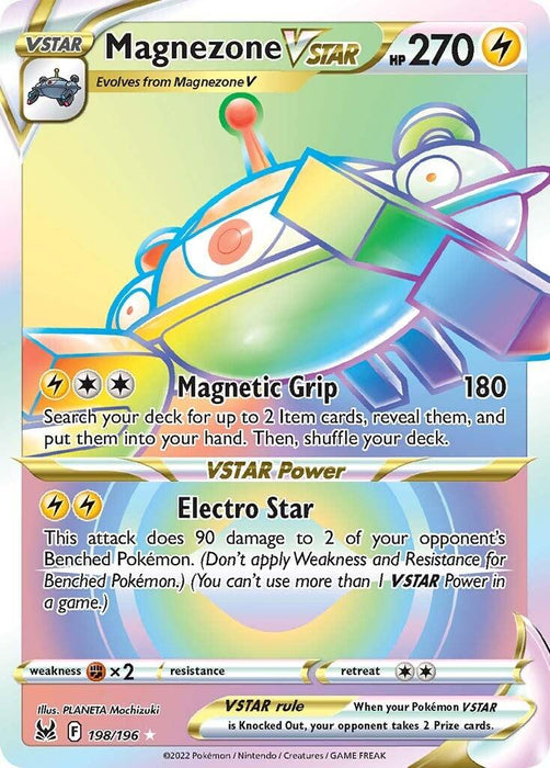 A Pokémon trading card features the Magnezone VSTAR (198/196) [Sword & Shield: Lost Origin] from Pokémon with 270 HP. The card depicts a lightning-themed, robotic, UFO-like Magnezone with magnet-like arms and a red, yellow, and blue color scheme. It includes the attacks Magnetic Grip (180 damage) and VSTAR Power Electro Star.