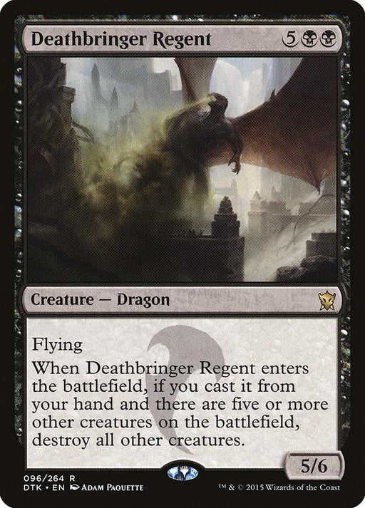 The Magic: The Gathering card titled "Deathbringer Regent [Dragons of Tarkir]" showcases a Rare Dragon with wide, bat-like wings emerging from dark clouds. The artwork features black, gray, and white tones and text detailing the dragon's formidable abilities, power, and toughness.