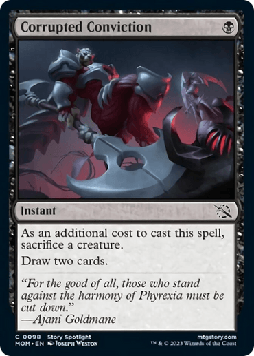 A Magic: The Gathering card named "Corrupted Conviction [March of the Machine]." The artwork shows a skeletal warrior holding a crimson, decapitated head with black ichor spilling out, contrasted by a white cracked mask. The card is black-bordered and has text describing its abilities and flavor, including "sacrifice a creature to draw two cards" at instant speed.