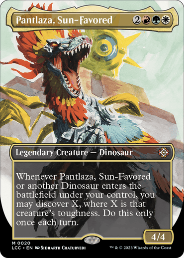 A Magic: The Gathering card titled "Pantlaza, Sun-Favored (Borderless) [The Lost Caverns of Ixalan Commander]." It features an illustrated Legendary Creature — Dinosaur with vibrant plumage and a sunlit background. The card's text describes its special ability when it or another dinosaur enters the battlefield. Costing 2 generic, 1 red, 1 green, and 1 white mana, it boasts a power and toughness of