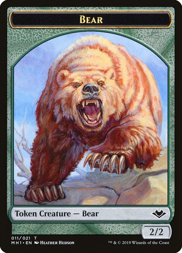 A "Magic: The Gathering" product named "Bear Token [Modern Horizons Tokens]" is depicted. The image features a fierce, roaring bear with its mouth open and sharp claws extended, standing on a rocky surface. The green frame of the card reads "Token Creature — Bear" and "2/2". This common rarity token is part of Modern Horizons Tokens.