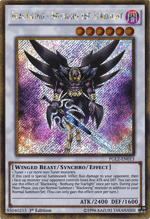 A Yu-Gi-Oh! trading card titled "Blackwing - Nothung the Starlight [PGL2-EN013] Gold Secret Rare." This Synchro/Effect Monster features a silver, armored, winged warrior with black wings, wielding a sword and surrounded by colorful holographic light. The bottom section displays card details including ATK/2400 DEF/1600, the card's type, and its effects.