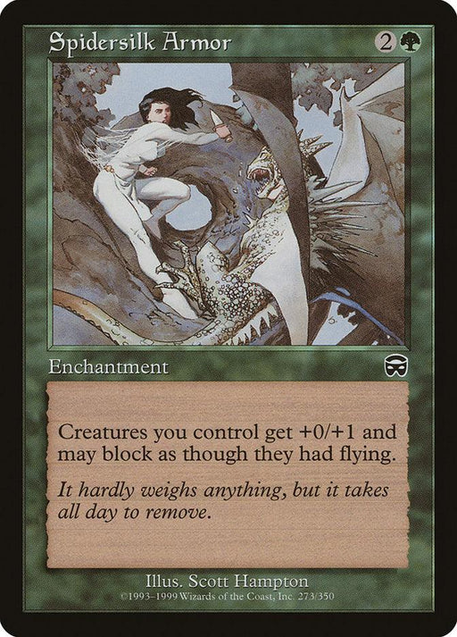 A Magic: The Gathering product titled "Spidersilk Armor [Mercadian Masques]" with green borders. The illustration shows a woman riding a dragon, who is shielding her with a wing. This Mercadian Masques enchantment: "Creatures you control get +0/+1 and may block as though they had flying." Illus. Scott Hampton.

