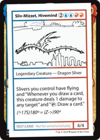 A "Magic: The Gathering" card titled "Sliv-Mizzet, Hivemind (2021 Edition) [Mystery Booster Playtest Cards]." It shows a crudely drawn black and white Dragon Sliver flying above a city skyline. As a Legendary Creature from the Mystery Booster Playtest Cards, it enhances flying slivers and has damage and draw card mechanics. Power/Toughness: 4/4.