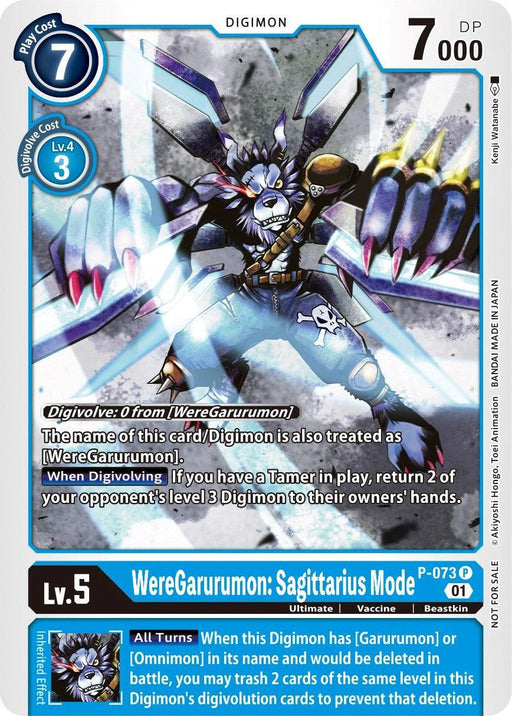 The image features a Digimon promotional card named "WereGarurumon: Sagittarius Mode [P-073] (Update Pack) [Promotional Cards]." The card has a play cost of 7, a level of 5, and 7000 DP. The Digivolve cost is 3 from level 4. The wolf-like Digimon is adorned with armor and wields a large weapon. The effect text and various details are present.