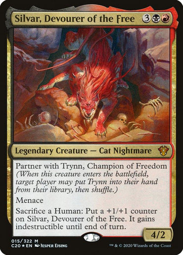 The image is a Magic: The Gathering card named "Silvar, Devourer of the Free" from Commander 2020. This Mythic, Legendary Creature, a red and black Cat Nightmare, has sharp claws and fangs against a fiery background. It partners with Trynn, Champion of Freedom.