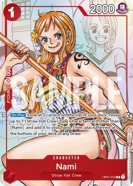 A colorful promo character card features Nami from One Piece, wielding a staff with determination. The card details her special abilities and stats: 2000 power and counter +1000. It shows her name, affiliation with the Straw Hat Crew, and description against a vibrant background. This product is known as Nami (Alternate Art) [One Piece Promotion Cards] by Bandai.
