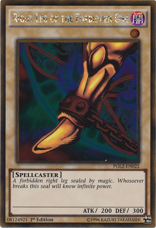 Image of the Yu-Gi-Oh! trading card "Right Leg of the Forbidden One [PGL2-EN022] Gold Rare." The card features an illustration of the severed, golden Forbidden right leg adorned with a small amount of armor and chains against a dark background. Below the image are the card's attributes: Spellcaster type with 200 ATK and 300 DEF points.