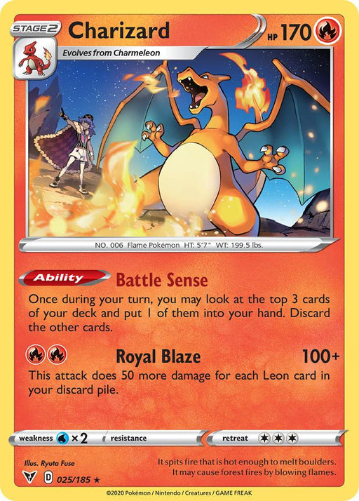 A Pokémon card featuring Charizard, a dragon-like creature with fiery breath and wings. The card background is vivid red and orange, emphasizing this Fire Type's power. Charizard's HP is 170. It has two abilities: "Battle Sense" and "Royal Blaze." This rare card has a weakness to water and no resistances specified.

Charizard (025/185) [Sword & Shield: Vivid Voltage] by Pokémon