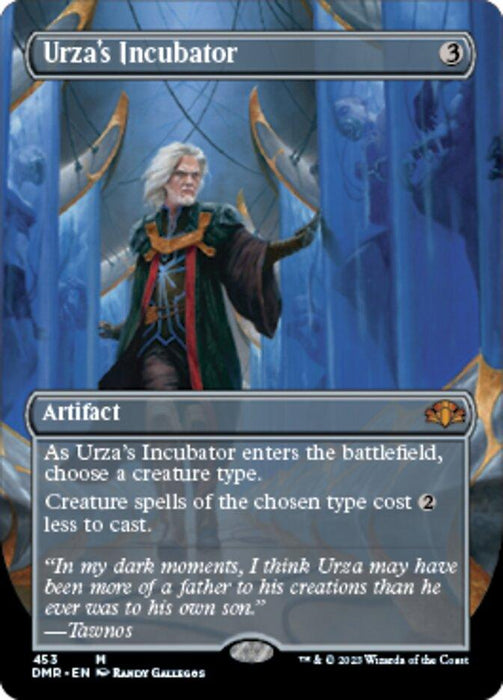 A Magic: The Gathering card titled "Urza's Incubator (Borderless Alternate Art) [Dominaria Remastered]" from the Dominaria Remastered set. It has a blue border and costs 3 mana. The card art depicts an elderly man in ornate robes standing in a mystical chamber. This artifact reduces the cost of chosen creature spells by 2 mana. Text at the bottom quotes "Tawnos.
