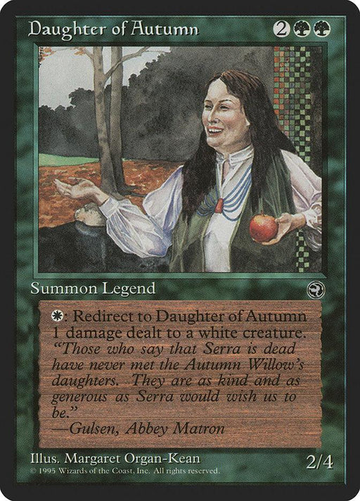 A "Magic: The Gathering" card titled Daughter of Autumn [Homelands] features a woman in a white dress and patterned shawl standing in a forest, arms outstretched. This rare legendary creature card has green borders and intricate details. Text includes a quote and abilities, costing 2 green mana and 2 colorless mana to summon.