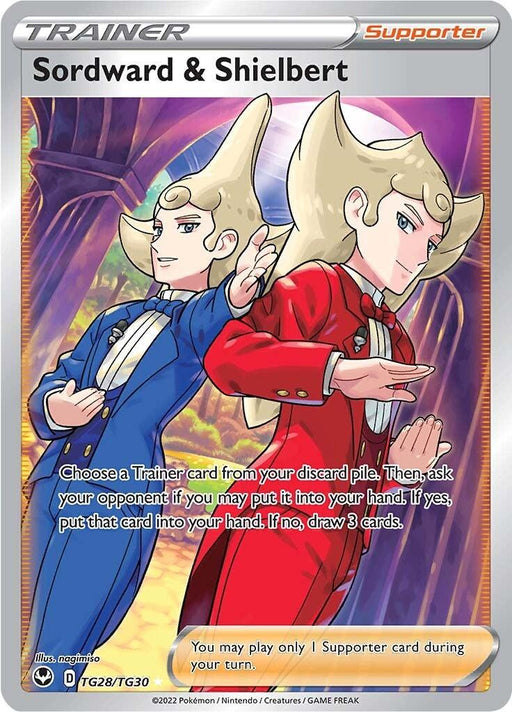 A Pokémon Secret Rare card titled "Sordward & Shielbert (TG28/TG30) [Sword & Shield: Silver Tempest]" from the Pokémon Silver Tempest series features two characters dressed in formal attire; one in a blue suit and the other in a red suit. Both have distinctive voluminous, parted hairstyles. The card text provides in-game instructions for trading Trainer cards with the opponent's approval.