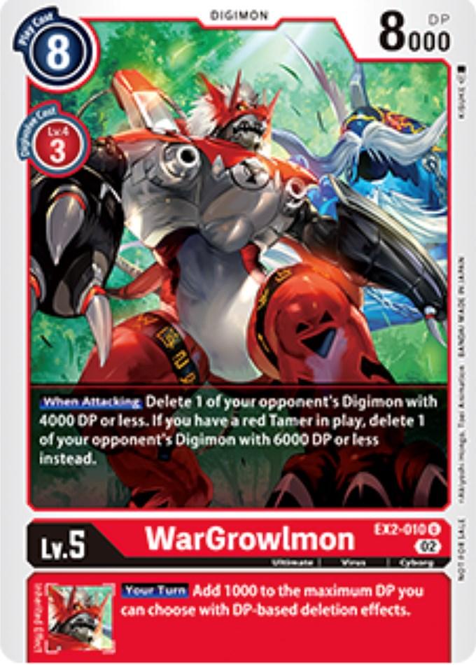 This Digimon trading card, branded as WarGrowlmon [EX2-010] (Tamer Party Vol. 6 Promo) [Digital Hazard Promos], features a red Level 5 WarGrowlmon depicted as a muscular, robotic dinosaur with red and silver armor. The card has an impressive 8000 DP and a play cost of 8, with text detailing its abilities: 