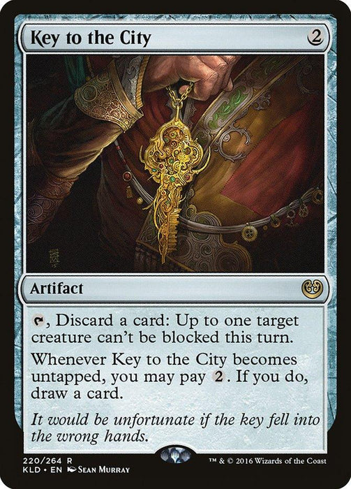 A detailed illustration of a hand holding a large, ornate golden key with intricate designs. The key has a crystal in its center and the hand is adorned with rings and a red sleeve with gold trim. This rare artifact from Magic: The Gathering, "Key to the City [Kaladesh]," describes its unique abilities in the card text.