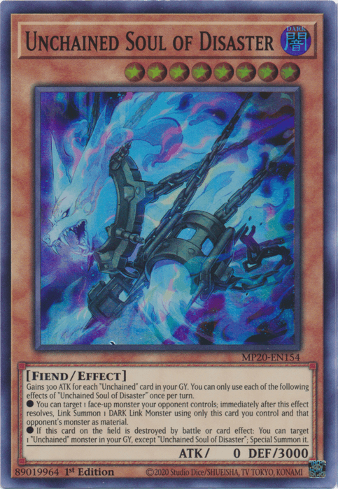 A Yu-Gi-Oh! trading card titled "Unchained Soul of Disaster [MP20-EN154] Super Rare." This Super Rare Effect Monster features a chained, fiery blue and purple spectral figure wielding a large weapon. Labeled "MP20-EN154," it boasts an ATK of 0 and a DEF of 3000. The card includes detailed effects and is categorized as "FIEND/EFFECT.