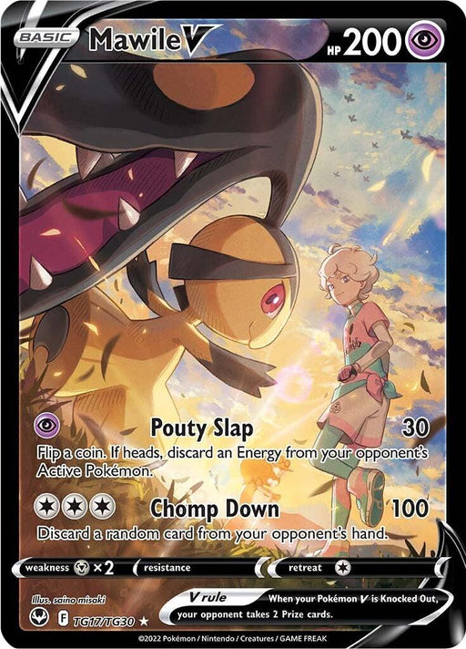 A Pokémon trading card featuring Mawile V (TG17/TG30) [Sword & Shield: Silver Tempest] from the Pokémon series. The card, a Secret Rare, has a dark border with a shiny Mawile prominently in the center. Text reads "Mawile V" with its HP, 200, at the top right. Attack details "Pouty Slap" and "Chomp Down" are shown at the bottom.