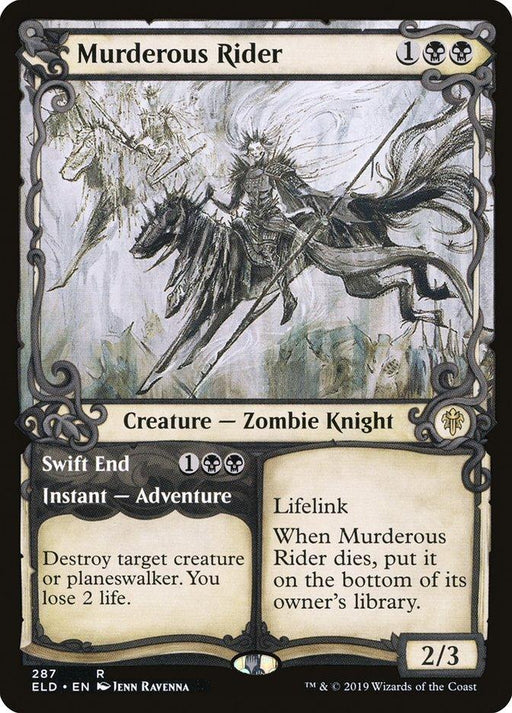 Magic: The Gathering card of Murderous Rider // Swift End (Showcase) [Throne of Eldraine]. Art depicts a Zombie Knight on a skeletal horse. Card text includes abilities: Swift End - destroy a target creature/planeswalker, lose 2 life; Lifelink; When Murderous Rider dies, put it on the bottom of its owner's library. Stats: 2/3.
