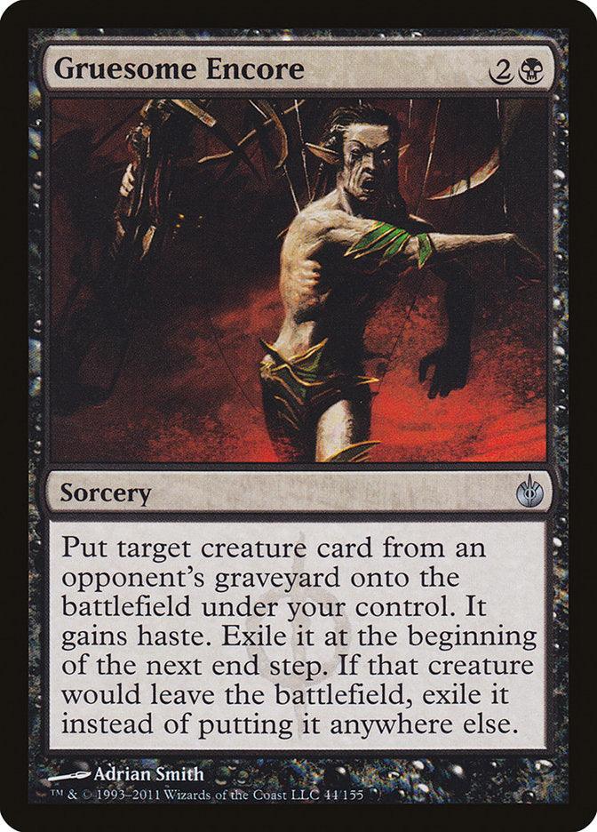 The Magic: The Gathering card "Gruesome Encore" from the Mirrodin Besieged set features a menacing depiction of a monstrous figure emerging with outstretched arms from shadows. This black sorcery spell delivers a haunting Gravedigger effect, allowing players to reanimate a creature from an opponent's graveyard for the cost of 2 colorless and 1 black mana.