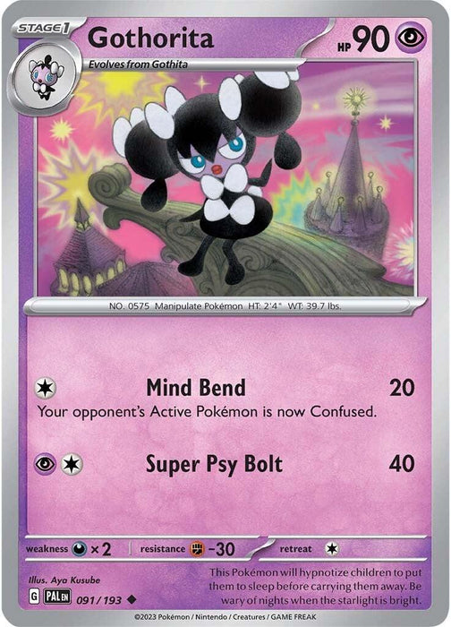 A Pokémon trading card called Gothorita (091/193) [Scarlet & Violet: Paldea Evolved] features a purple, white, and black Psychic-type Pokémon with ponytails and bows. The card shows Gothorita with 90 HP and two attacks: Mind Bend, which deals 20 damage and confuses the opponent's active Pokémon, and Super Psy Bolt, which inflicts 40 damage. The background showcases a mystical purple castle from the Scarlet & Violet series under the brand name Pokémon.