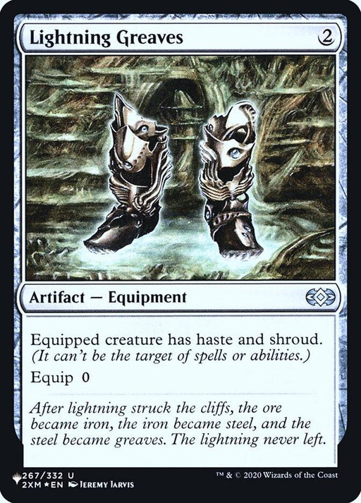 Magic: The Gathering card titled "Lightning Greaves [Secret Lair: Heads I Win, Tails You Lose]," card number 267/332. This artifact equipment features a pair of ornate, metallic boots hovering over a glowing pool. Its text states it gives the equipped creature haste and shroud, with an equip cost of zero—a true gem for any Secret Lair collection.
