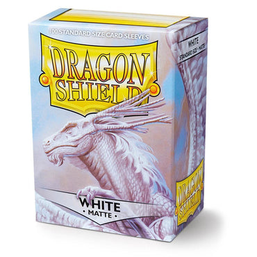 Arcane Tinmen's Dragon Shield: Standard 100ct Sleeves - White (Matte) features a fantasy-themed design with a white dragon's head against a cloudy sky, prominently displayed on the box.