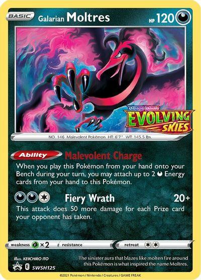 A Pokémon trading card featuring Galarian Moltres (SWSH125) (Prerelease Promo) [Sword & Shield: Black Star Promos] by Pokémon. The card has 120 HP and displays the character's dark and fiery design. Its abilities include "Malevolent Charge" and "Fiery Wrath." Part of the Evolving Skies set, illustrated by KEIICHIRO ITO, with a unique card number SWSH125.