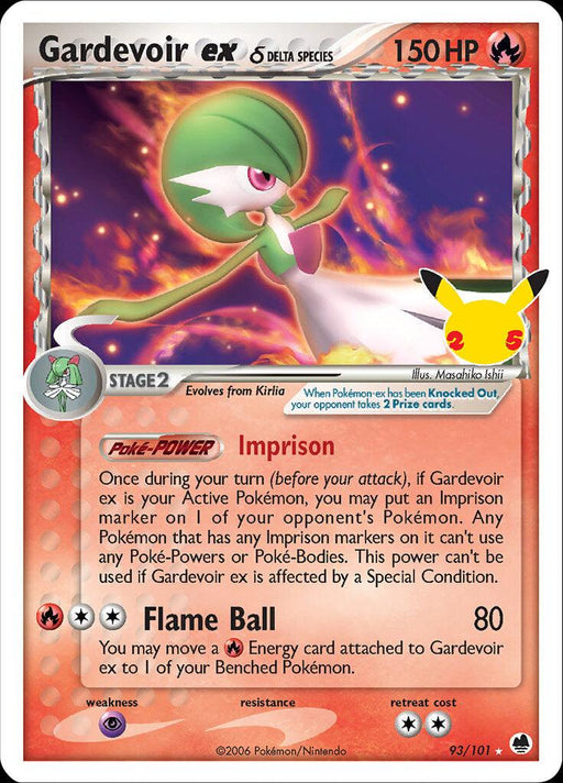 A Gardevoir ex (93/101) (Delta Species) [Celebrations: 25th Anniversary - Classic Collection] Pokémon card from the EX Delta Species series. The Ultra Rare card depicts Gardevoir against a jungle backdrop. It has 150 HP, is a Stage 2 Psychic-type Pokémon, and features the attacks "Imprison" and "Flame Ball." The bottom left shows its weakness, resistance, and retreat cost.