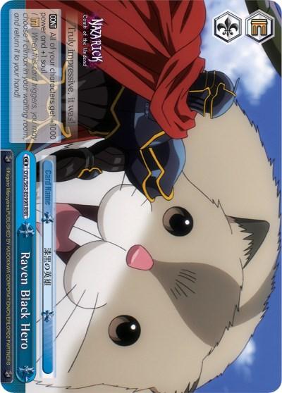 An anime-style Climax Card featuring a character in black and gold armor with a red cape. The central focus is a large, cute white cat with patches of gray on its head. The card has text and icons denoting game features, including the name "Raven Black Hero (OVL/S62-E099R RRR) [Nazarick: Tomb of the Undead]" and its Triple Rare status from Bushiroad.