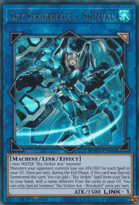 The image features a "Yu-Gi-Oh!" trading card called "Sky Striker Ace - Shizuku [MAMA-EN006] Ultra Rare." The card shows an armored figure wielding two large swords, floating against a blue, mechanical background. This Sky Striker Ace is a Machine/Link/Effect Monster with 1500 ATK and Link-1.