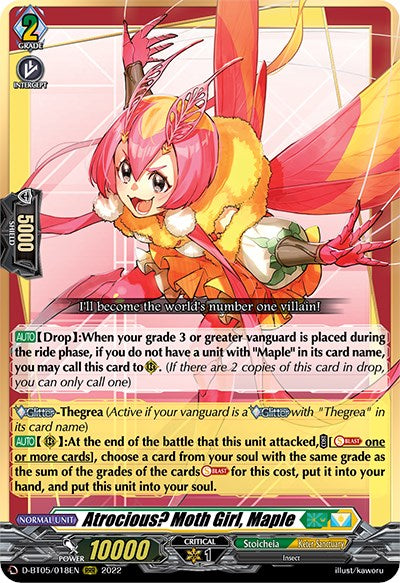 The "Cardfight!! Vanguard" trading card features a Stoicheia character named "Atrocious? Moth Girl, Maple (D-BT05/018EN)" from the "Triumphant Return of the Brave Heroes" set by Bushiroad. This Triple Rare anime-style character boasts pink hair, a matching outfit with green accents, and insect-like wings. Her card details include abilities and attributes such as a power level of 10000, critical level 1, and shield value 5000.