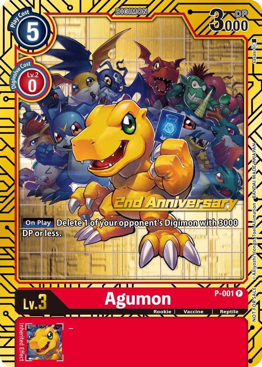 A promotional Digimon card featuring Agumon in the foreground holding a card, surrounded by various other Digimon characters in the background. Marked 