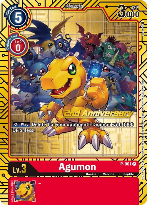 A promotional Digimon card featuring Agumon in the foreground holding a card, surrounded by various other Digimon characters in the background. Marked "End Anniversary," it includes stats like "Lv.3," a play cost of 5, and DP of 3000, with the effect: "Delete 1 of your opponent's Digimon with 3000 DP or less." The product name is Agumon [P-001] (2nd Anniversary Card Set) [Promotional Cards] by Digimon.