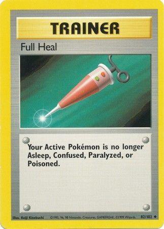 A Pokémon Trainer card, "Full Heal (82/102) [Base Set Unlimited]," from Pokémon features a red-and-white spray bottle emitting a beam of light. The text reads, "Your Active Pokémon is no longer Asleep, Confused, Paralyzed, or Poisoned." With an Uncommon rarity, it is bordered in yellow with a silvery-gray section at the top.