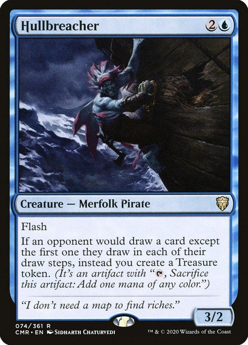 Magic: The Gathering card titled "Hullbreacher [Commander Legends]." The image shows a merfolk pirate climbing the side of a ship during a storm. The card text includes special abilities and statistics: "Flash," "If an opponent would draw a card...," and creates a Treasure token, with power/toughness of 3/2.