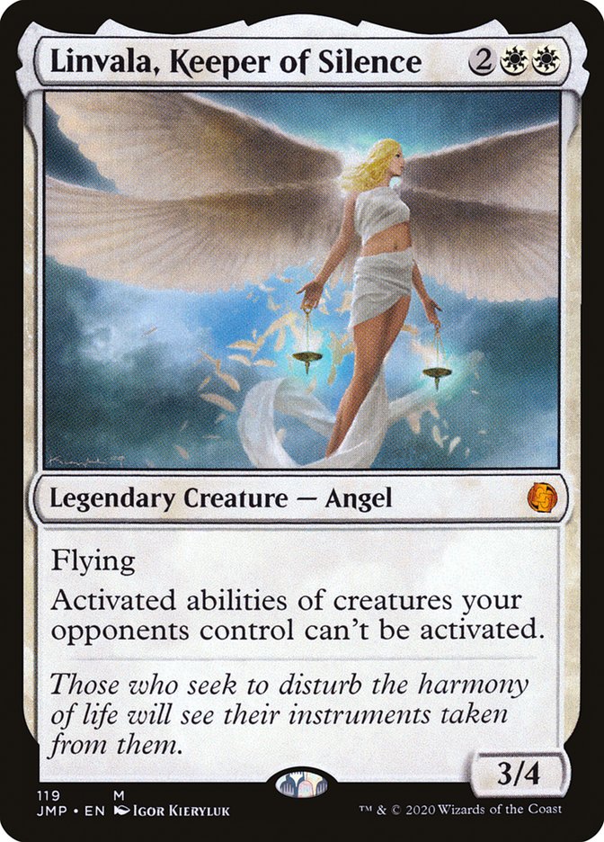 Linvala, Keeper of Silence [Jumpstart]" is a Mythic "Magic: The Gathering" card depicting a Legendary Creature. This angel, with golden hair and white wings, dons a flowing white dress. Her card text details her flying ability and her power to prevent opponents' creatures from activating their abilities, boasting a power/toughness of 3/4.