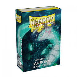 A box of Arcane Tinmen's Dragon Shield: Japanese Size 60ct Sleeves - Aurora (Matte), specifically designed in Japanese size. It features a dragon with an ethereal glow against a dark, mystical background. The box contains 60 matte sleeves and is labeled with "Japanese Size," "Aurora," and "60 matte sleeves.