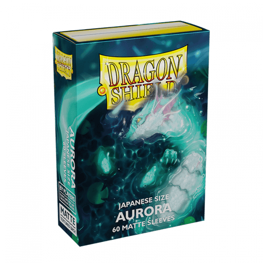 A box of Arcane Tinmen's Dragon Shield: Japanese Size 60ct Sleeves - Aurora (Matte), specifically designed in Japanese size. It features a dragon with an ethereal glow against a dark, mystical background. The box contains 60 matte sleeves and is labeled with "Japanese Size," "Aurora," and "60 matte sleeves.