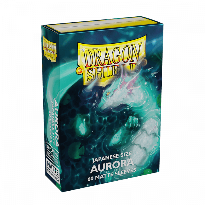 A box of Arcane Tinmen's Dragon Shield: Japanese Size 60ct Sleeves - Aurora (Matte), specifically designed in Japanese size. It features a dragon with an ethereal glow against a dark, mystical background. The box contains 60 matte sleeves and is labeled with "Japanese Size," "Aurora," and "60 matte sleeves.