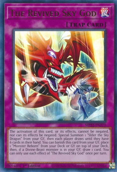 The image showcases a "Yu-Gi-Oh!" trap card named "The Revived Sky God [MP22-EN273] Ultra Rare" from the 2022 Tin of the Pharaoh's Gods. The artwork depicts a red, dragon-like creature with sharp teeth against a fiery background. Its powerful effects include negating abilities and special summoning "Slifer the Sky Dragon.